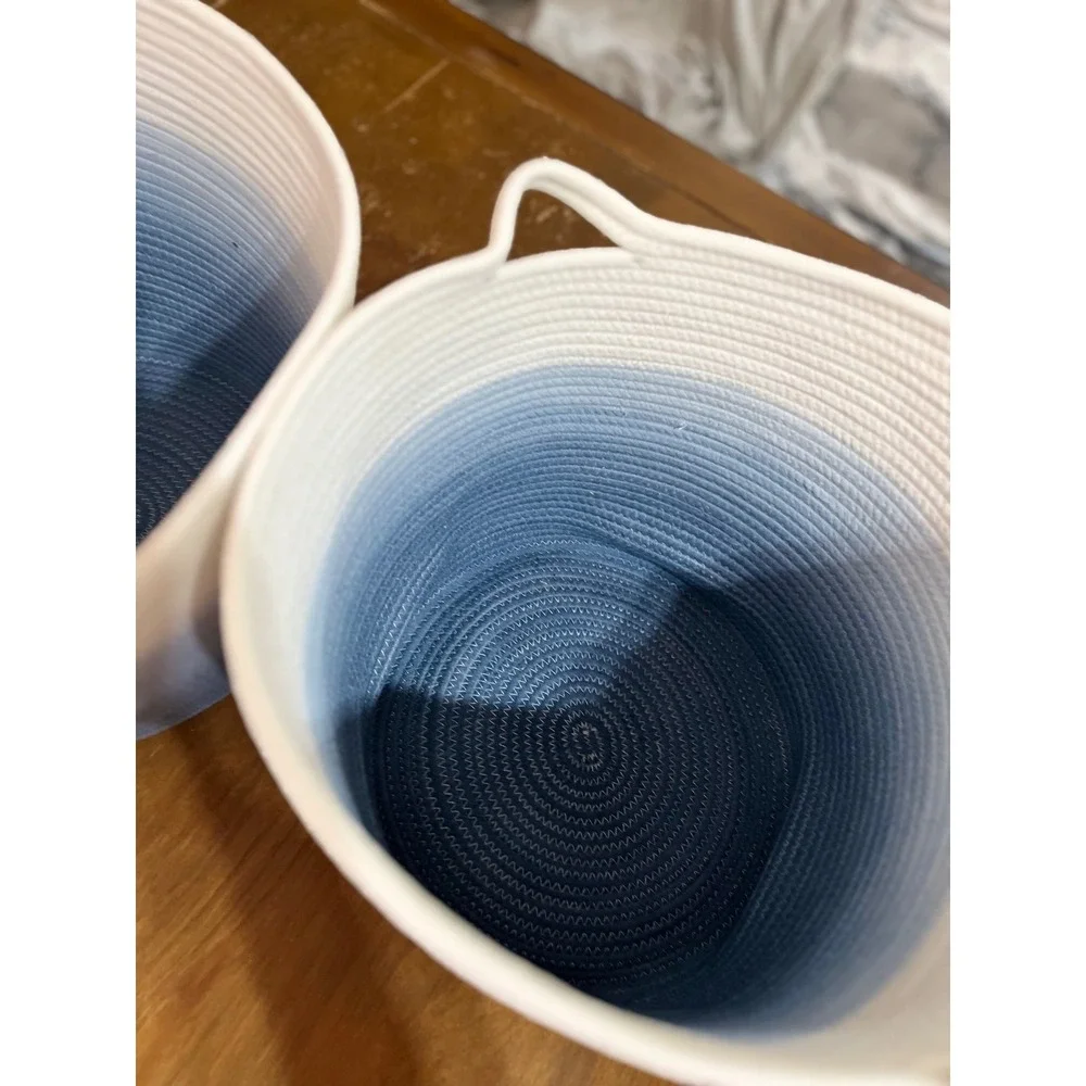 Set of 2 Blue White Ombre Woven Cotton Rope Storage Baskets with Handles 11x14